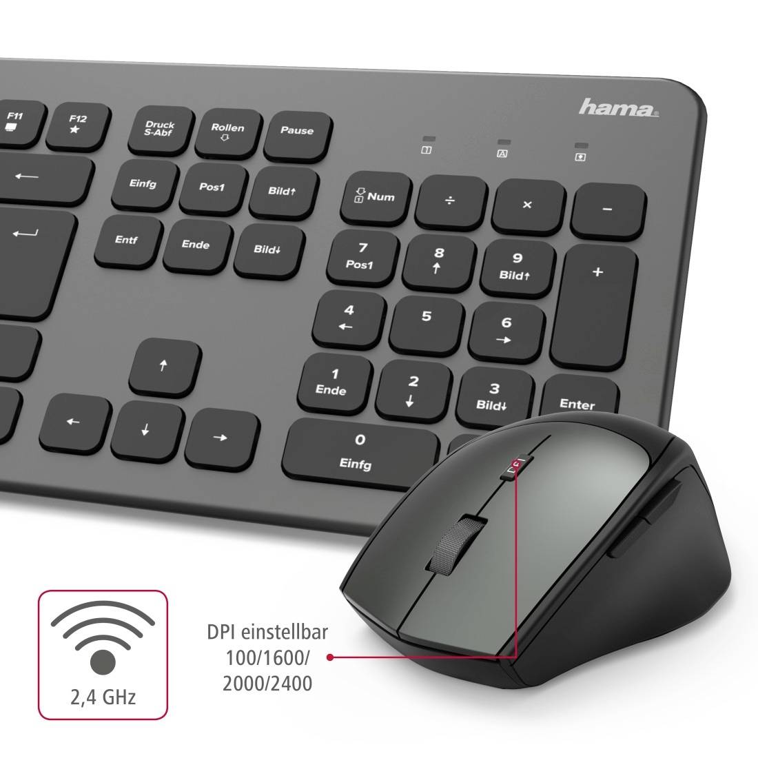 Hama KMW700 Funk Tastatur, Maus-Set Ergonomisch Deutsch, QWERTZ Anthrazit/Schwarz