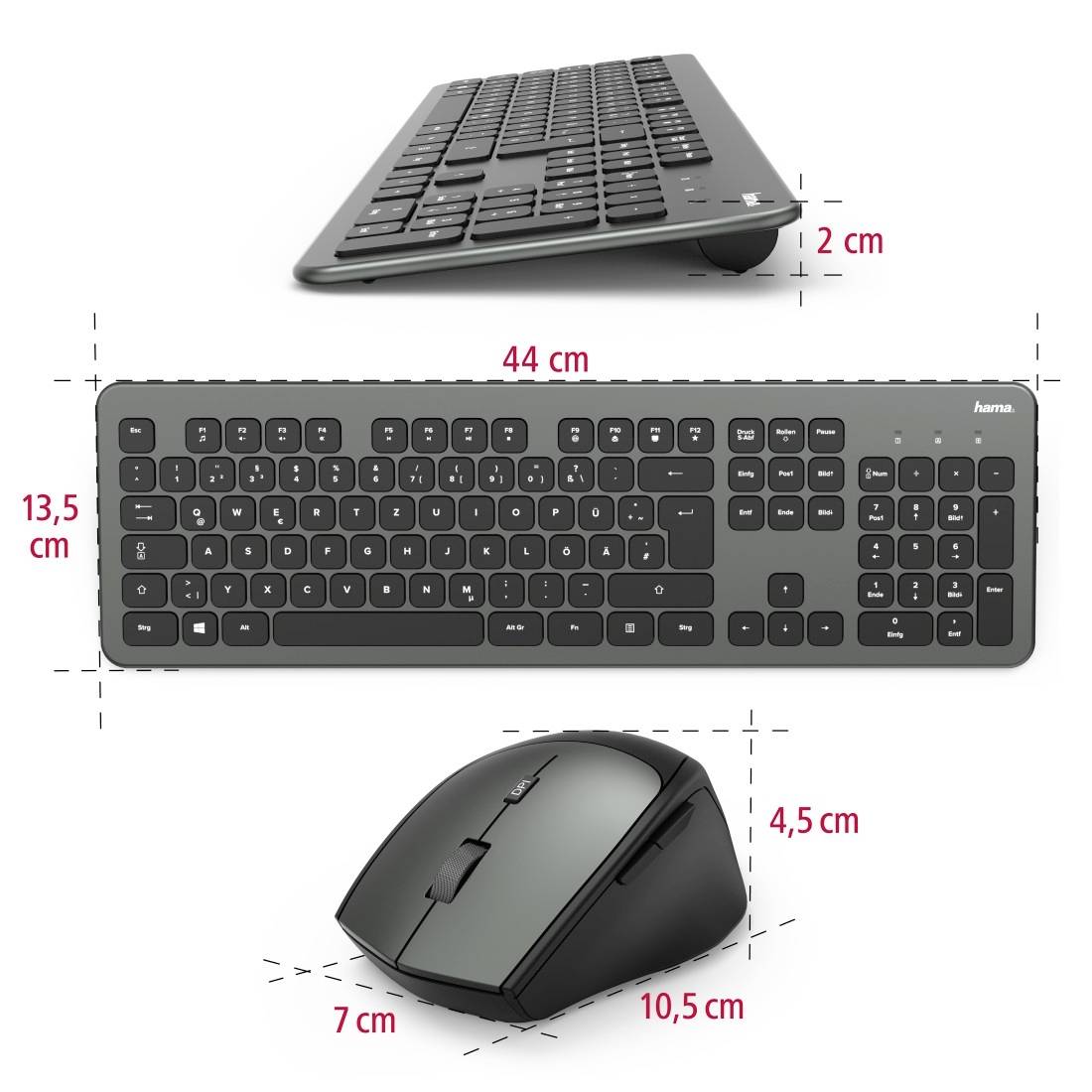 Hama KMW700 Funk Tastatur, Maus-Set Ergonomisch Deutsch, QWERTZ Anthrazit/Schwarz