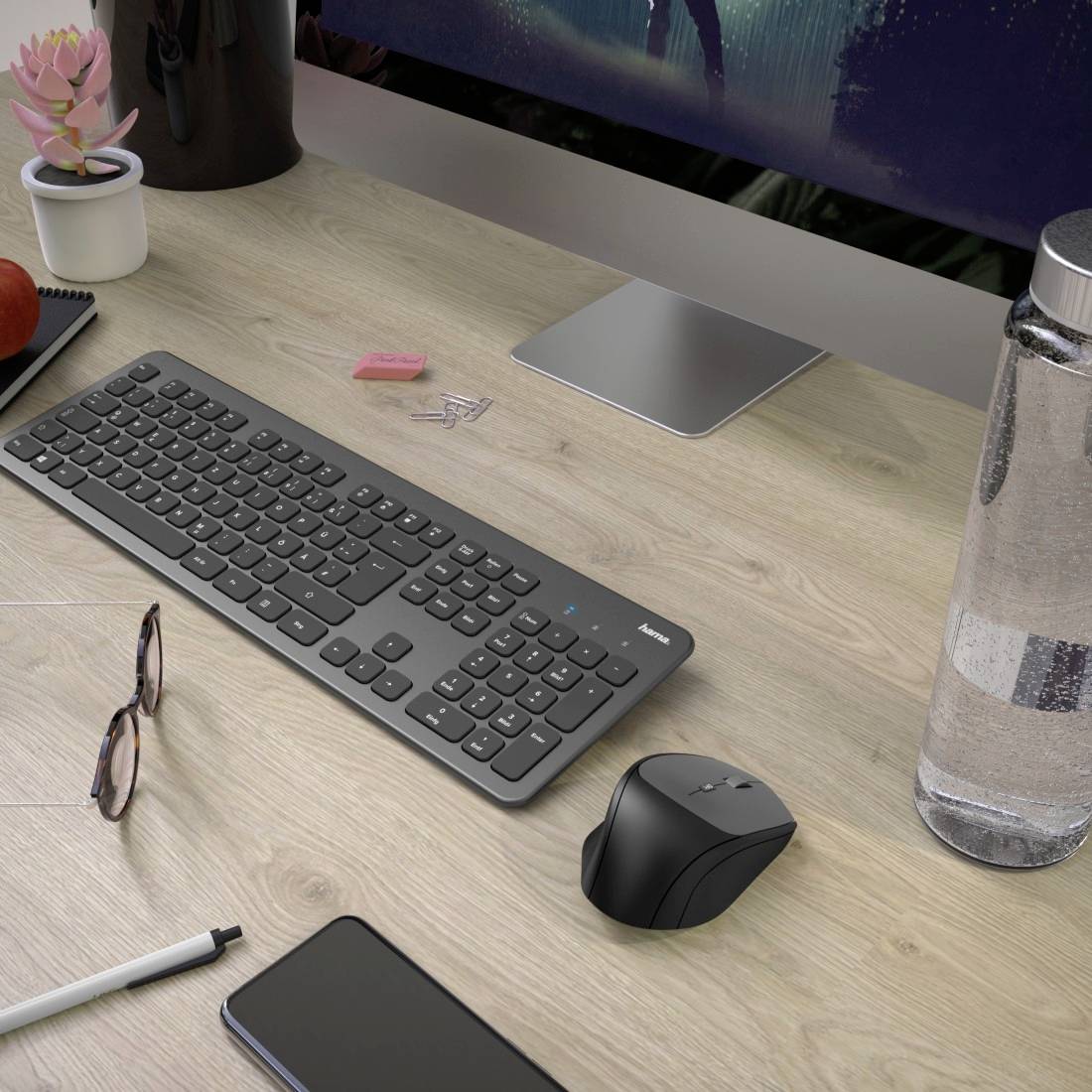 Hama KMW700 Funk Tastatur, Maus-Set Ergonomisch Deutsch, QWERTZ Anthrazit/Schwarz