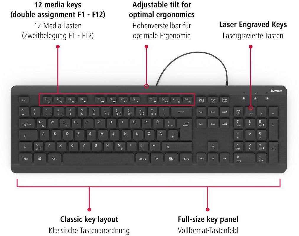 Hama KC-600 USB Tastatur Deutsch, QWERTZ Schwarz Wasserfest (IPX7)