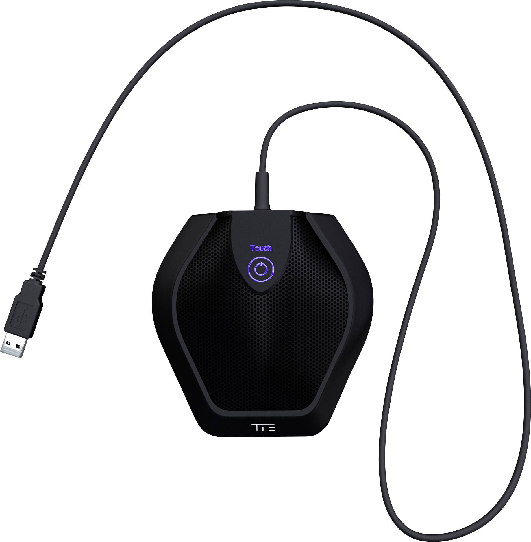 Ein schwarzes, sechseckiges Mikrofon mit USB-Kabel. Es hat einen blauen 