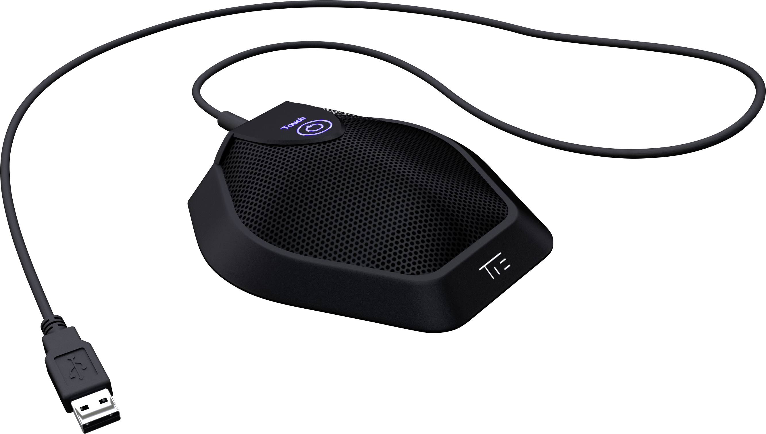 Ein schwarzes USB-Konferenzmikrofon mit Kabel, geeignet für Meetings und Online-Anrufe, auf weißem Hintergrund.