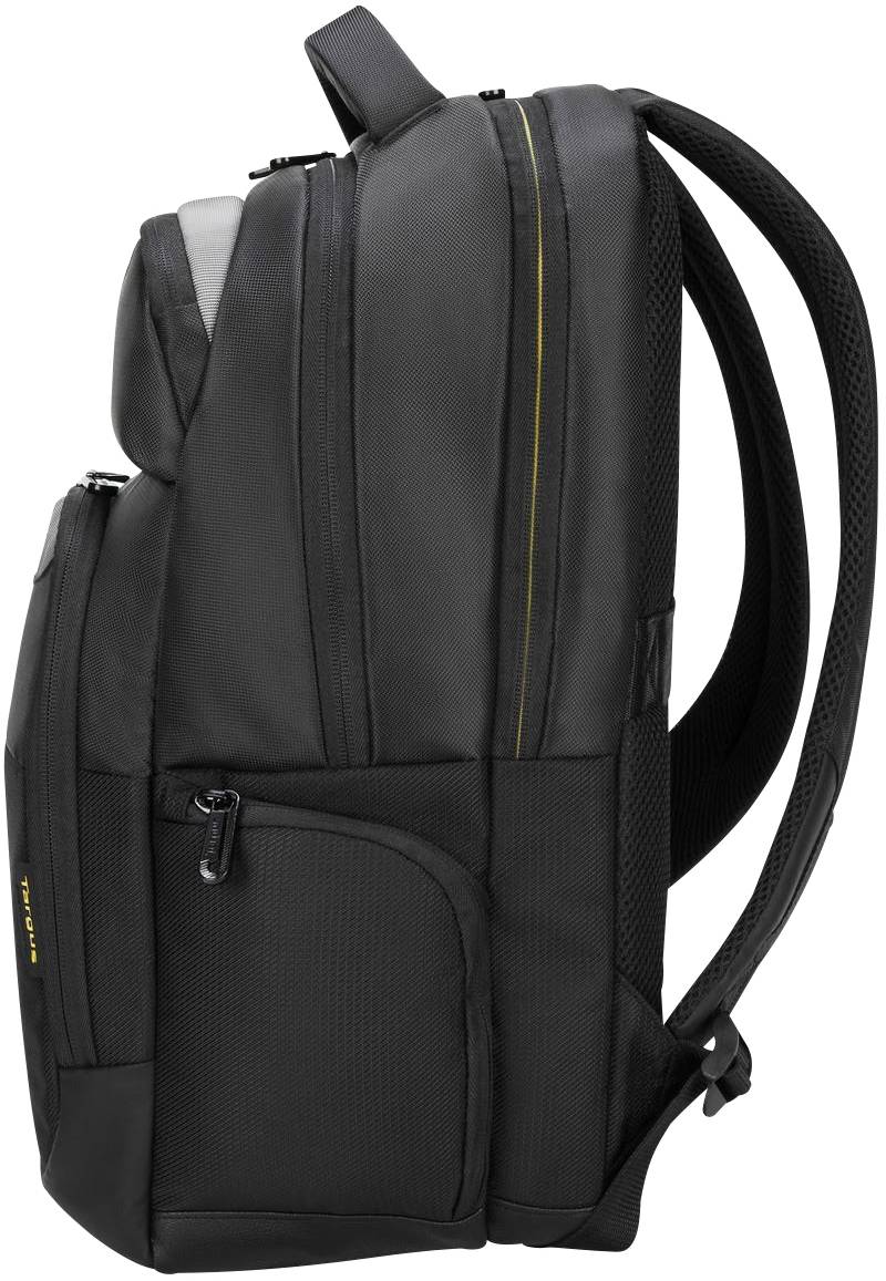 Ein schwarzer Rucksack mit mehreren Fächern und verstellbaren Schultergurten, seitlich abgebildet. Ideal für Reisen oder den Alltag.