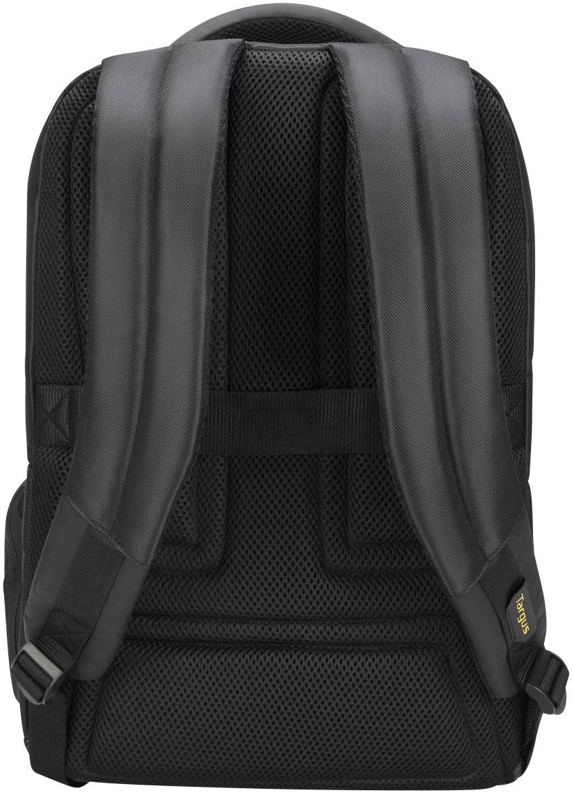 Schwarzer Rucksack von hinten mit gepolsterten Schulterriemen und atmungsaktivem Rücken.