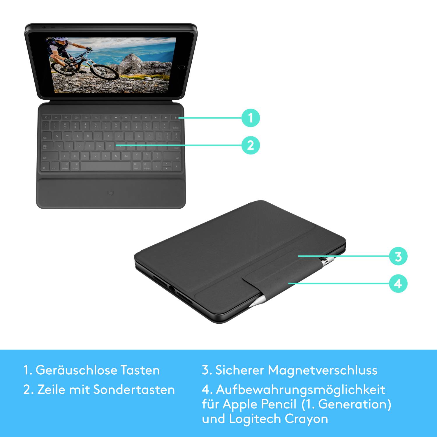Logitech Rugged Folio Tablet-Tastatur mit Hülle Passend für Marke (Tablet): Apple iPad 10.2 (2019), iPad (9. Generation)