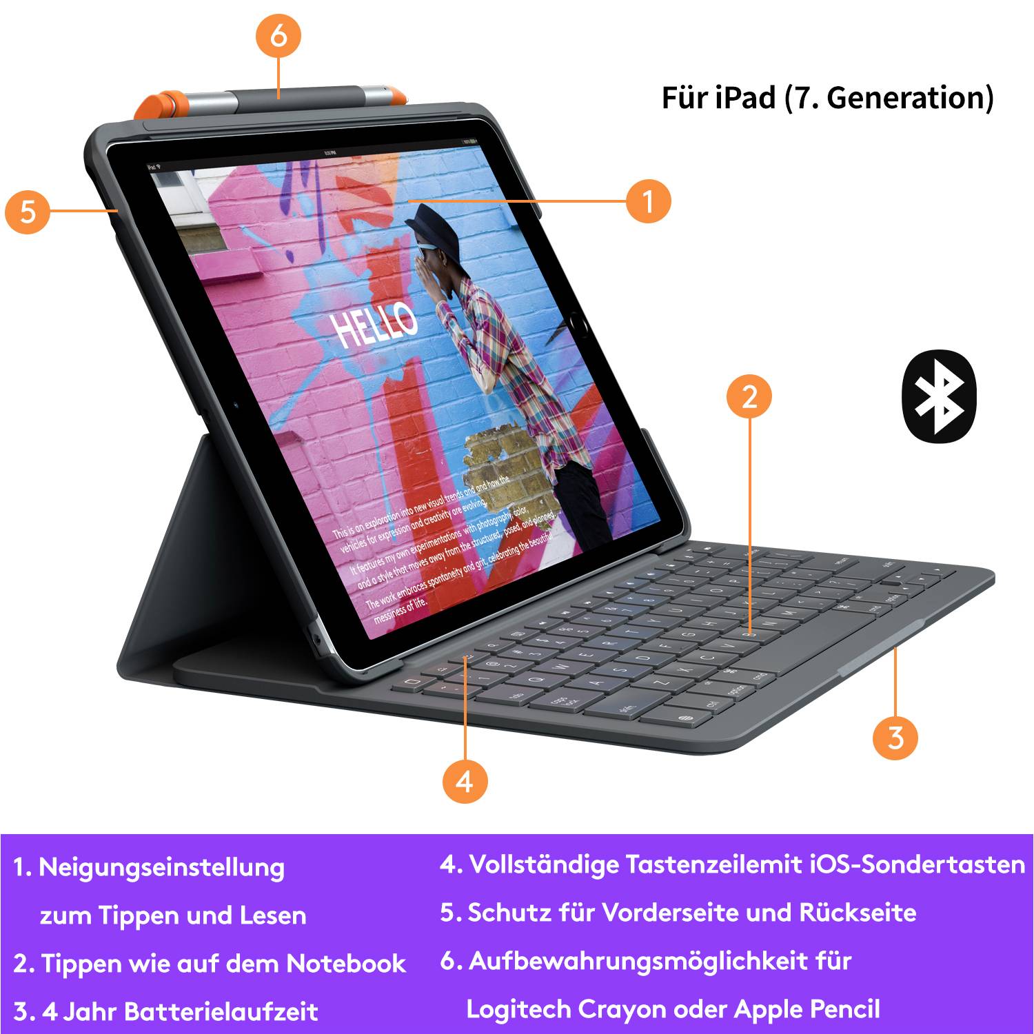 Logitech Slim Folio - Tastatur und Foliohülle - kabellos - Bluetooth - QWERTZ - Deutsch - Graphite - für Apple 10.2-inch