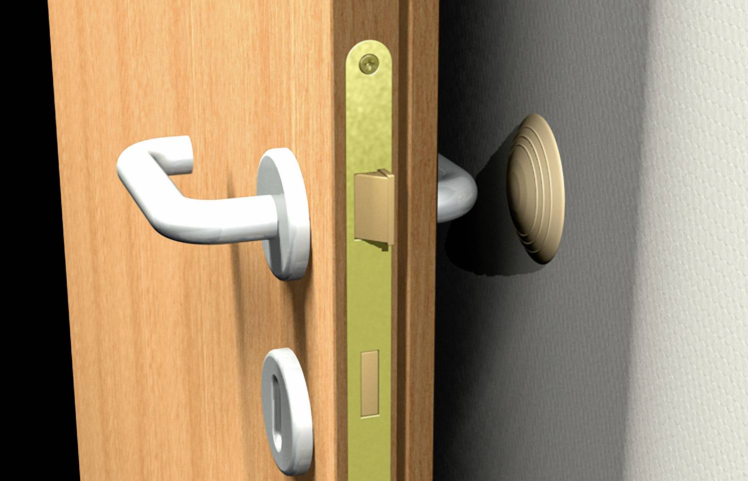 Eine halb geöffnete Holztür mit silbernem Türgriff und einem Türschloss. Die Wand im Hintergrund ist strukturiert.