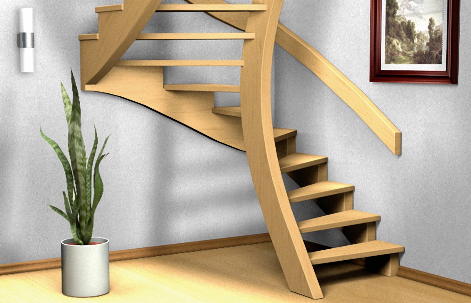 Elegante Wendeltreppe aus Holz, die zu einer oberen Etage führt. Daneben steht eine grüne Pflanze in einem Topf. An der Wand hängt ein gerahmtes Bild.