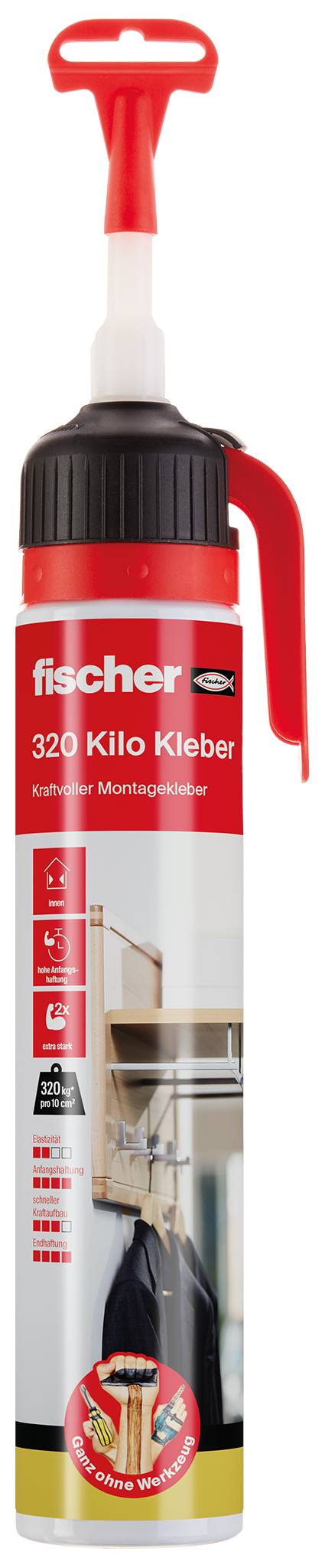 Rot Fischer 320 Kilo Kleber Haftungspatrone mit weißer Dispenser-Spitze und rotem Griff, aufrecht auf weißem Hintergrund gezeigt.