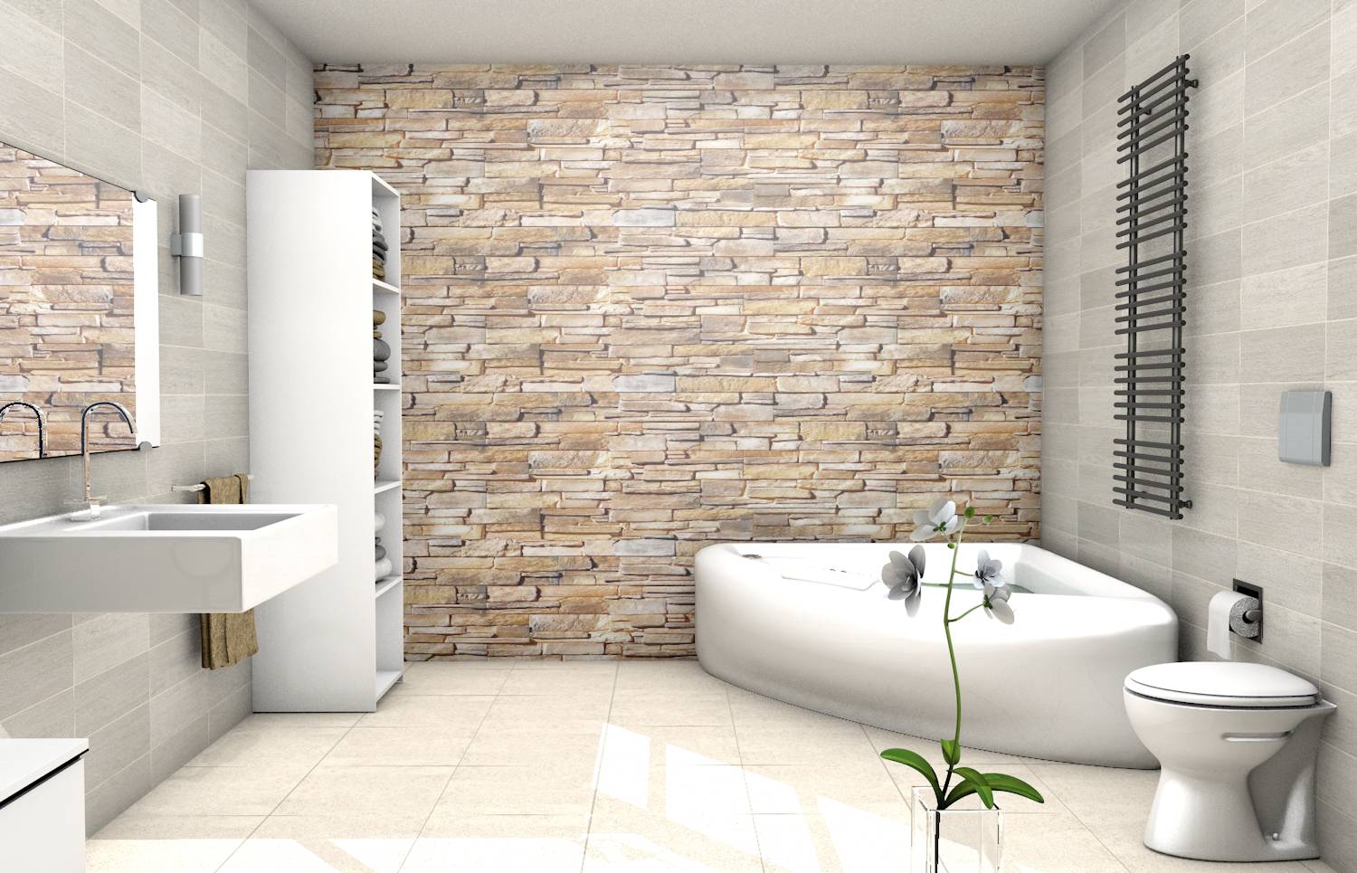 Ein modernes Badezimmer mit Eckbadewanne, Waschbecken, hochkantigem Regal, WC und steinverkleideter Wand. Eine Orchidee steht im Vordergrund.