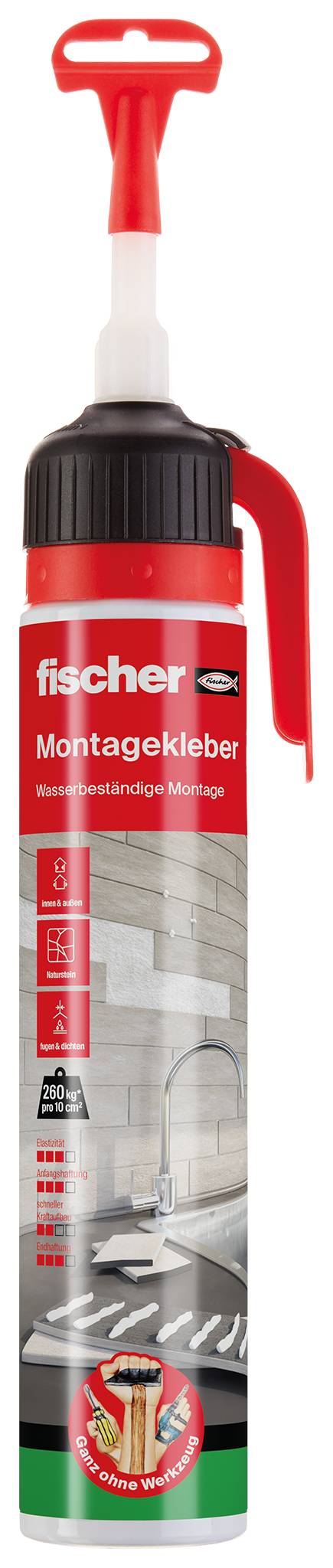 'Fischer Montagekleber' für vielseitige Befestigung. Abgebildet ist eine rote Tube mit Bild von Küchenfliesen im Hintergrund.