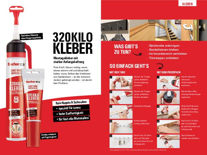 Rote Kartusche von 320 Kilo Kleber für starke Haftung. Geeignet für Garderoben, Sockelleisten im Innenbereich. Einfache Anwendung.