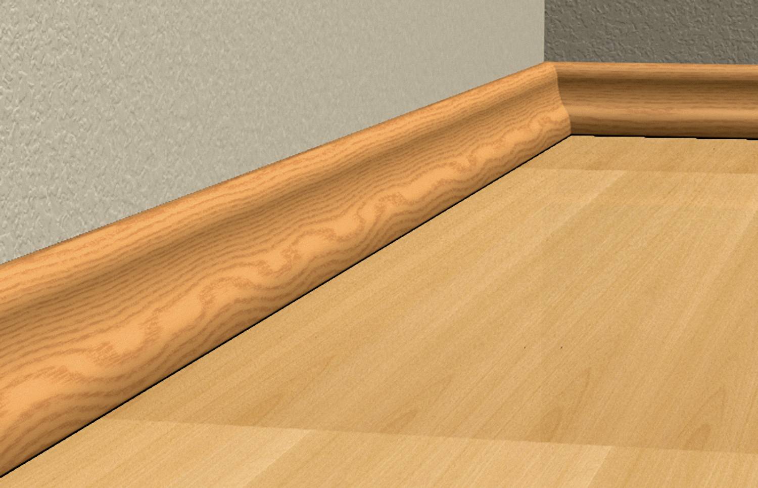 Sockelleiste aus Holz an einer Wand, ergänzt von einem Laminatboden.