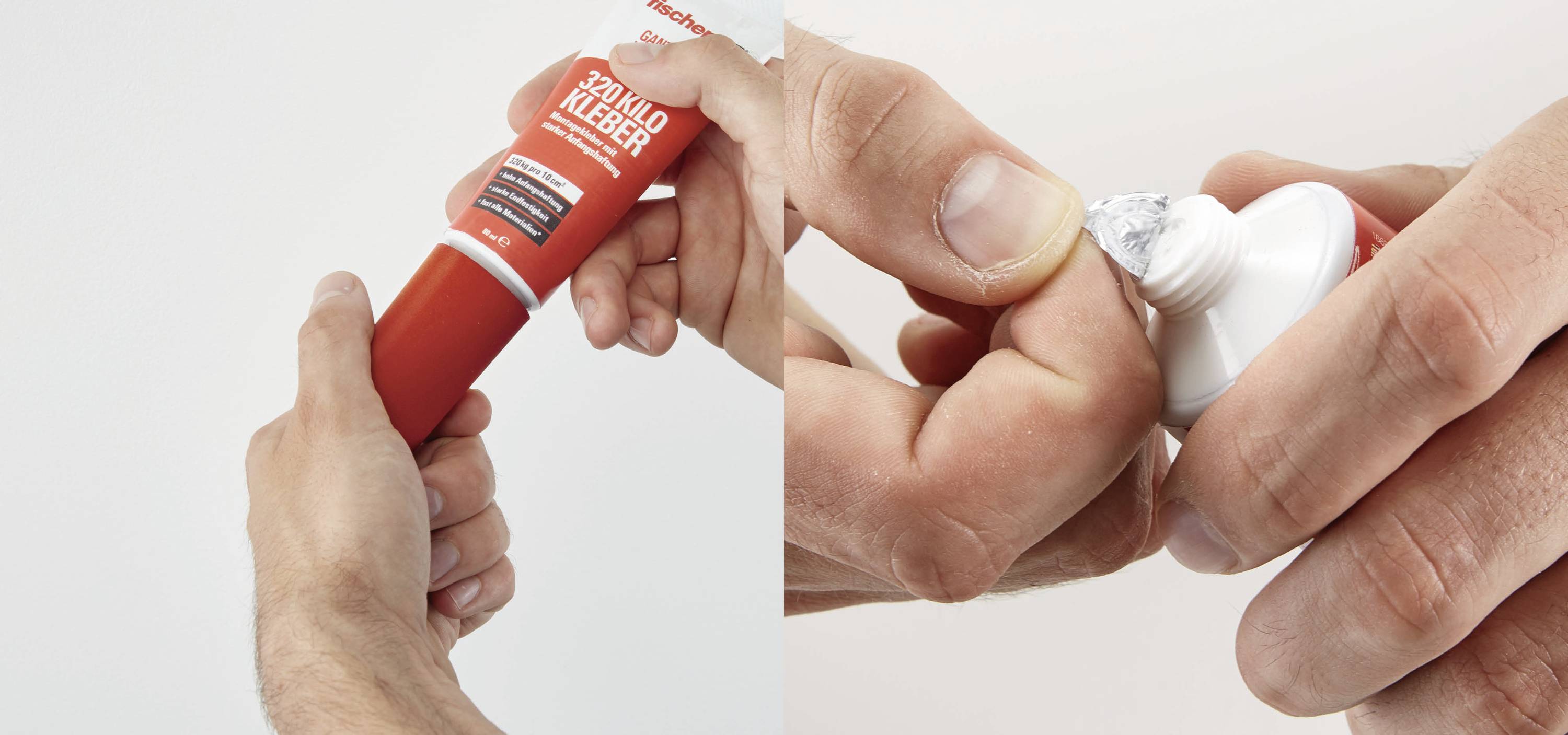 Eine Person öffnet eine Tube mit rotem Schnellkleber, indem sie die Kappe abschraubt.