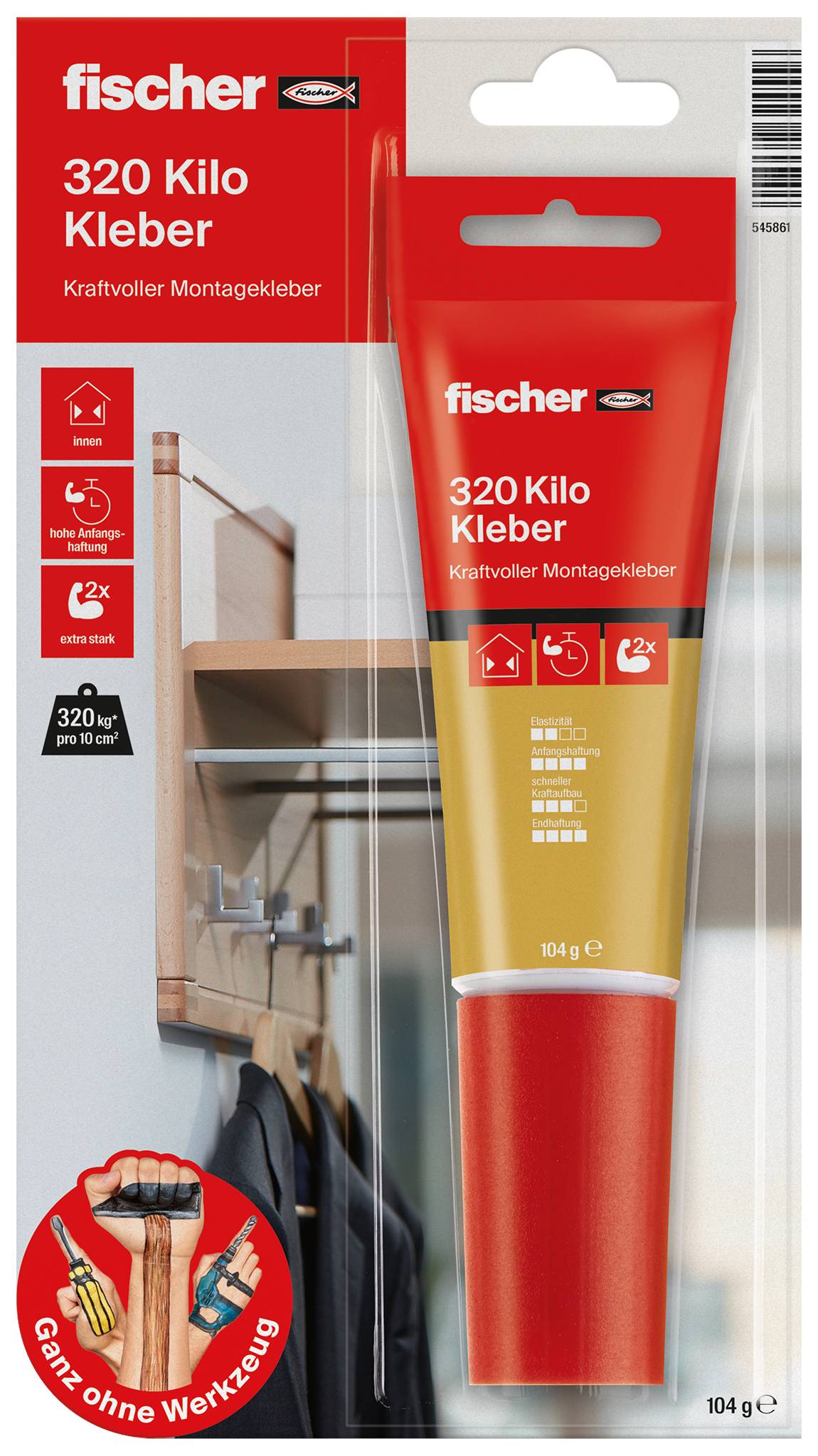 Fischer '320 Kilo Kleber' Hochleistungskleber in rot- und gelbem Design, dargestellt als Tube in einer Einzelhandelshängung.