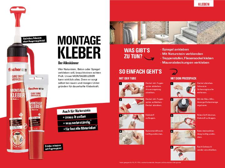 'Montage Kleber' Anzeige zeigt Produkte, Anwendungsschritte in Bildern und Anwendungsbereiche wie Spiegel und Nahtstellen. Infos zu Materialien.