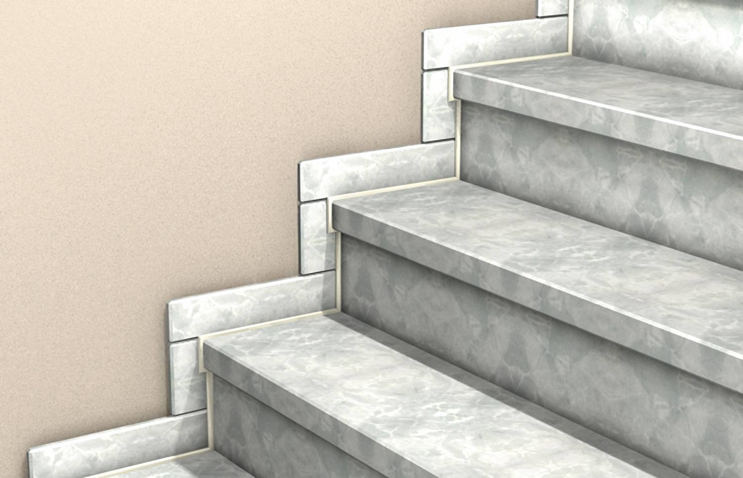 Graue Marmortreppe mit heller Mauer auf der linken Seite. Stufen verlaufen diagonal nach oben rechts.