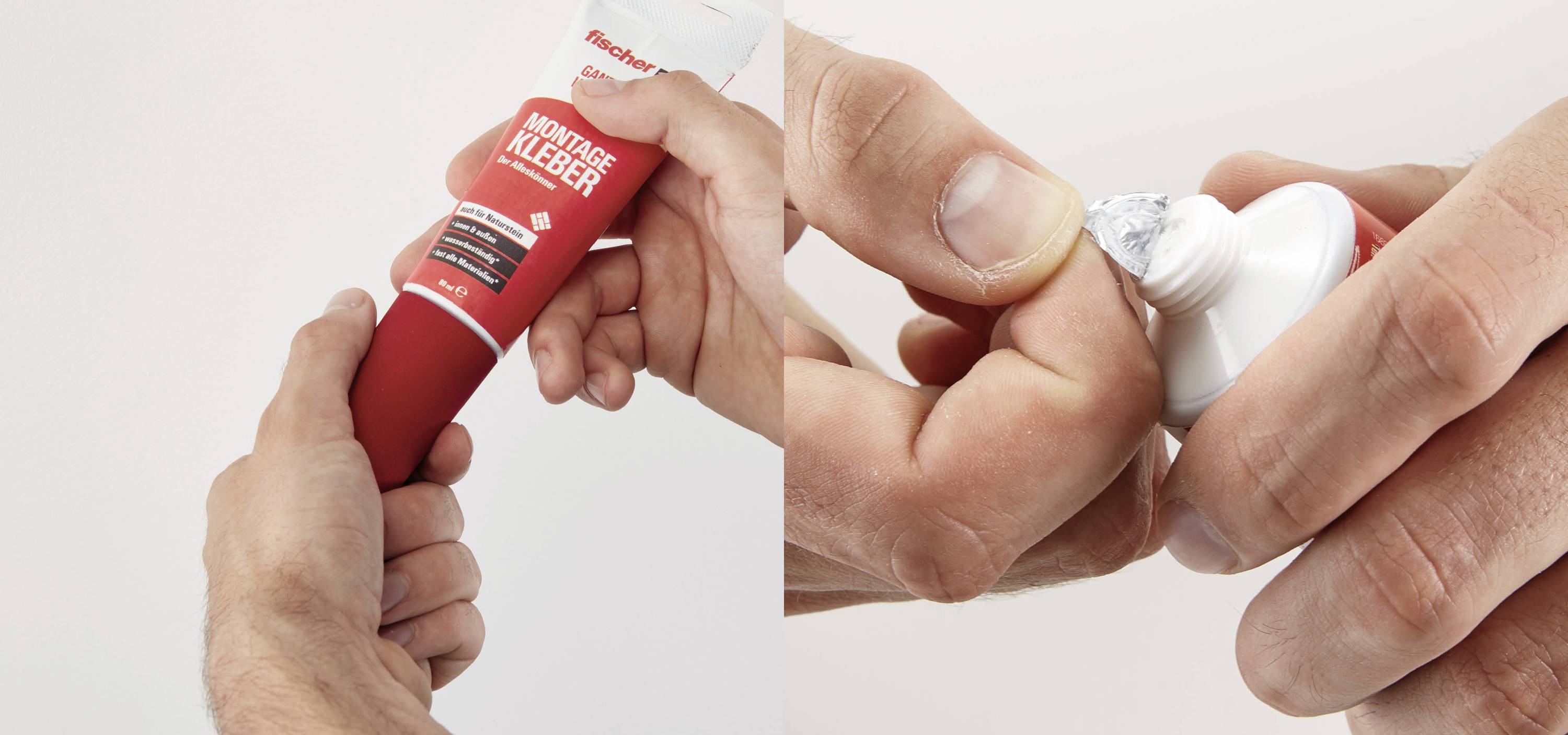 Eine Person öffnet eine Tube Montageskleber, indem sie den Deckel abschraubt und die versiegelte Spitze freilegt.