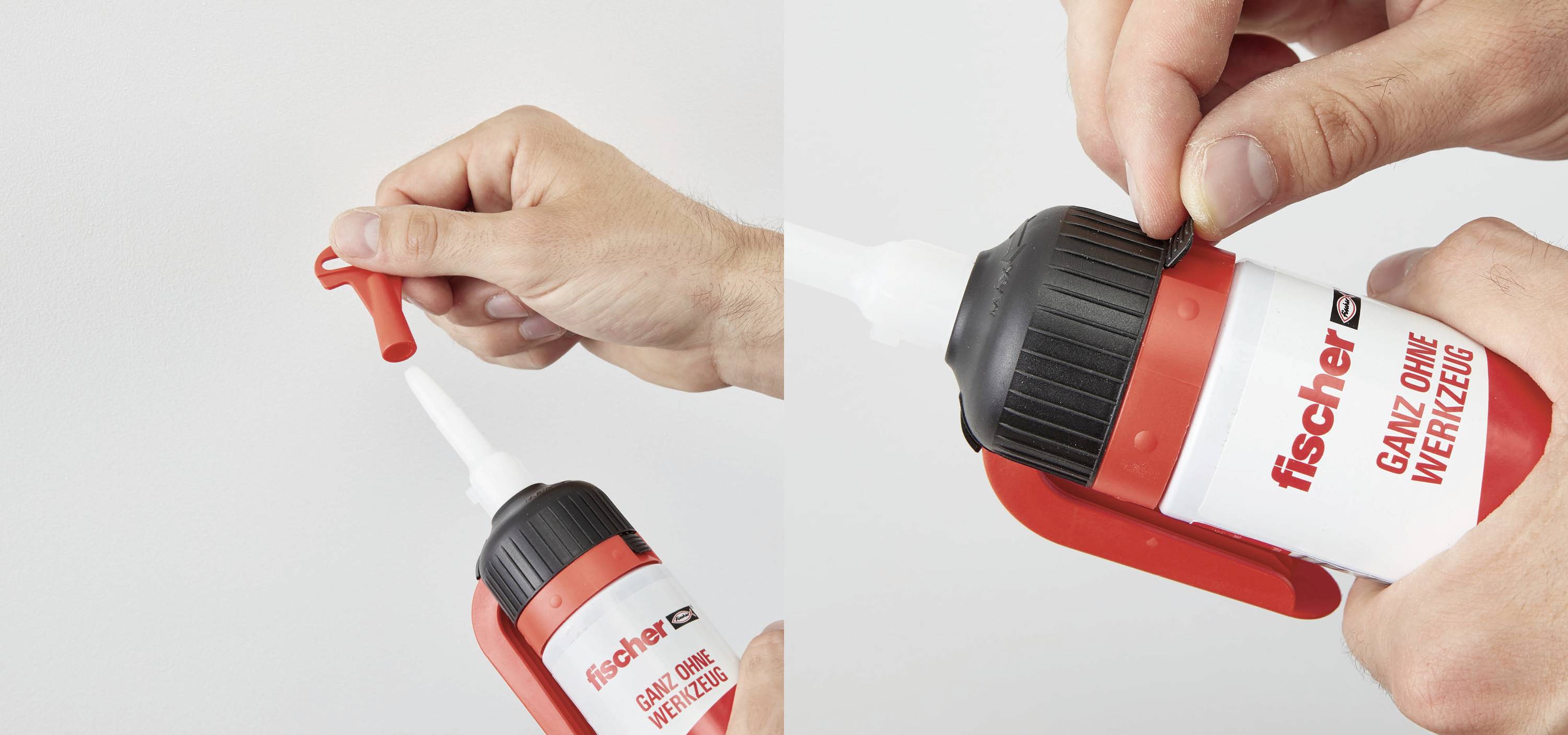 Flasche Klebstoff wird geöffnet und vorbereitet. Linkes Bild zeigt Kappenentfernung, rechtes Bild zeigt Klebstoffeinsatz.