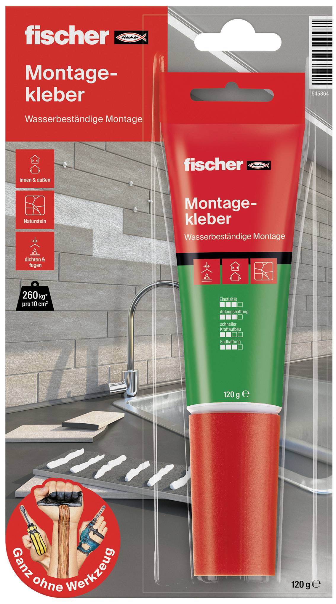 Eine Tube wasserbeständiger Montagekleber von 'fischer' mit Verpackung. Für Montage ohne Werkzeuge, 120 g Inhalt.