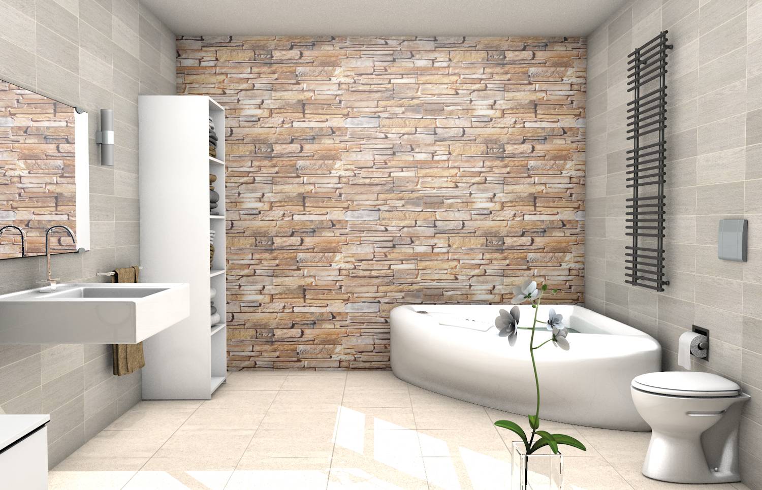 Modernes Badezimmer mit Steinakzentwand, weißer Badewanne, Toilette, Waschbecken und einer kleinen Orchideenpflanze auf dem Boden.