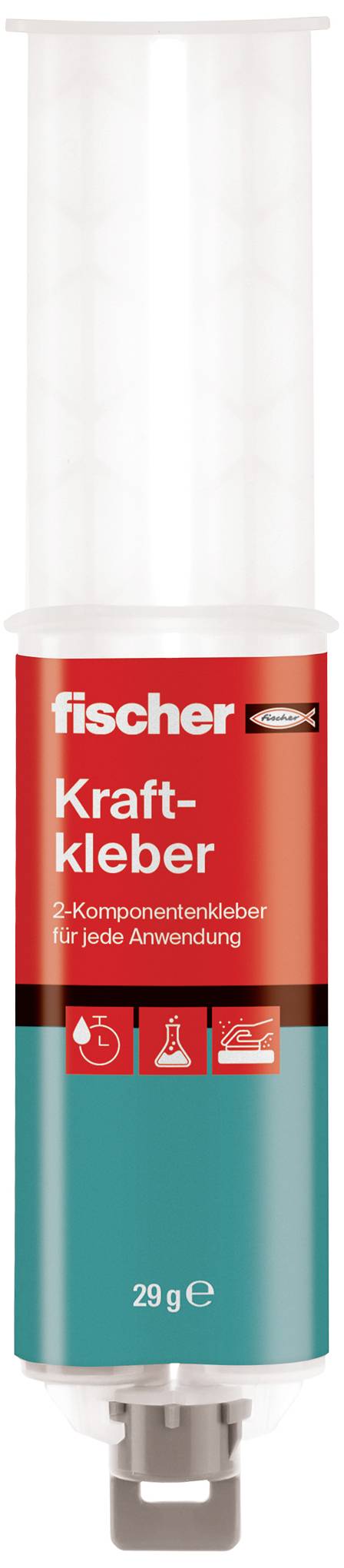 Zweikomponentenkleber von Fischer, geeignet für verschiedene Anwendungen. Verpackung zeigt Symbole für Wasserdichtheit, Ölbeständigkeit und chemische Resistenz.