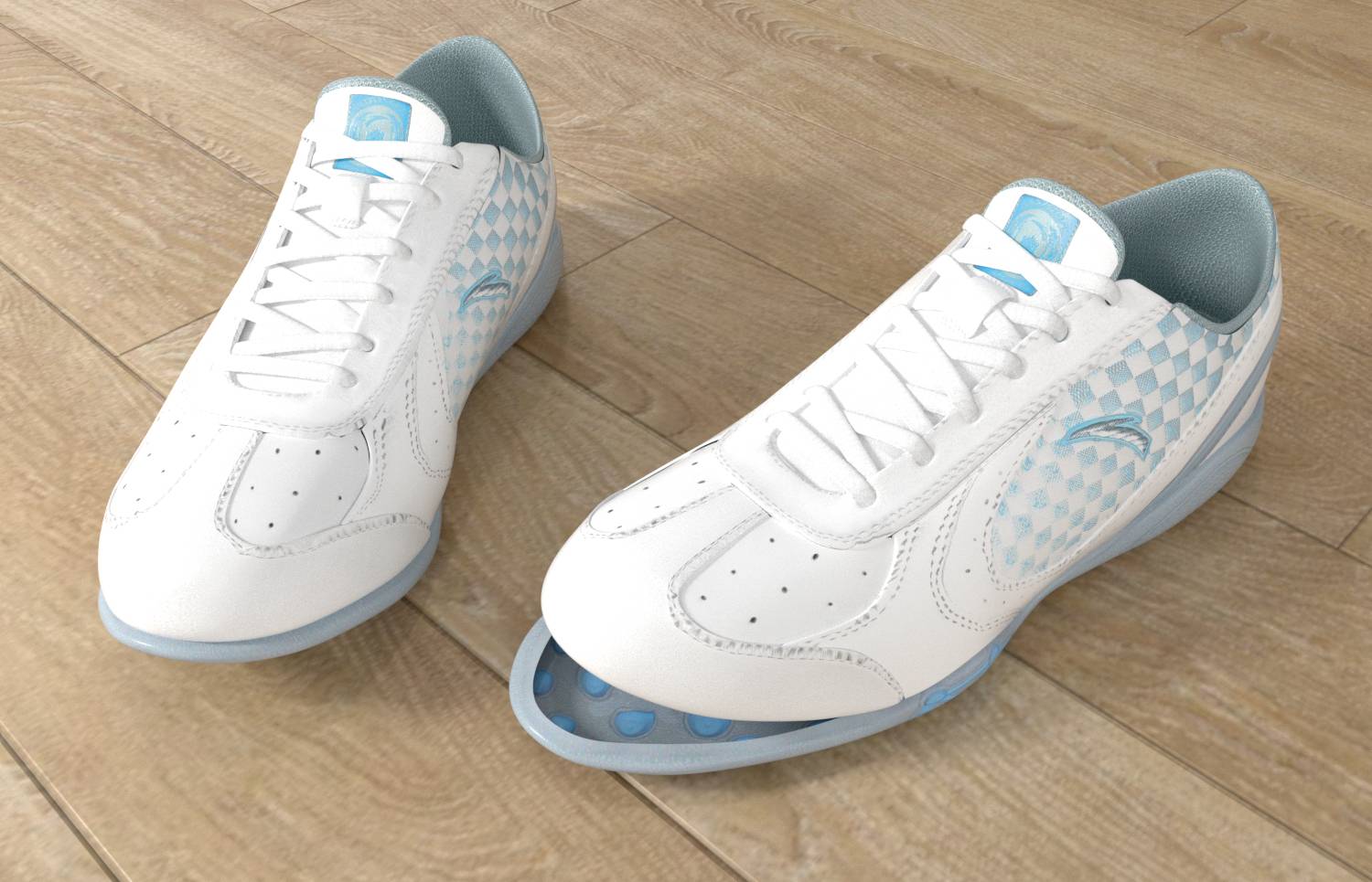 Ein Paar weiß-blaue Sportschuhe mit kariertem Muster auf Holzboden. Der linke Schuh zeigt eine herausnehmbare, gepolsterte Innensohle.