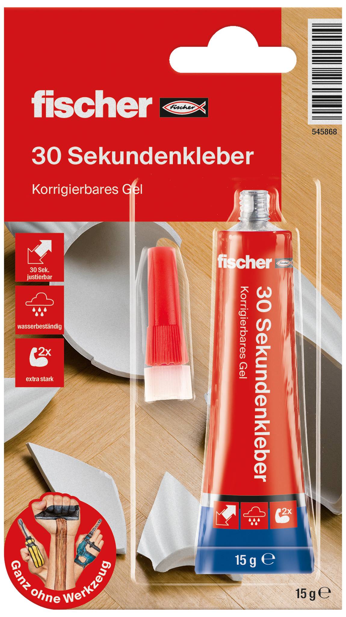 Rote Tube mit der Aufschrift 'fischer 30 Sekundenkleber'. Enthält 15 g. Geeignet für schnelle Reparaturen, wasserbeständig.