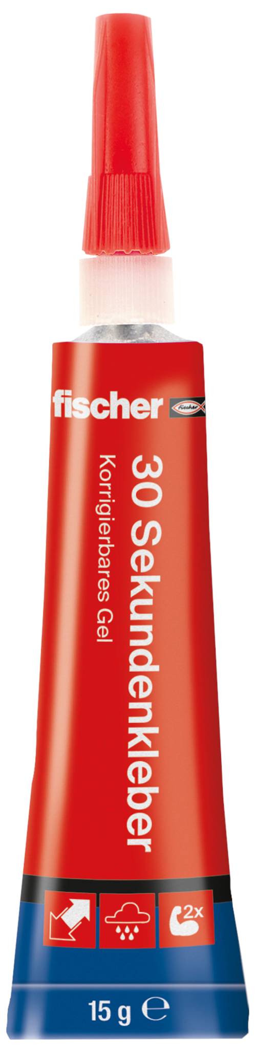 Rot Fischer Sekundenkleber Tube mit Etikett '30 Sekundenkleber' und 'Korrigierbares Gel', 15 g.