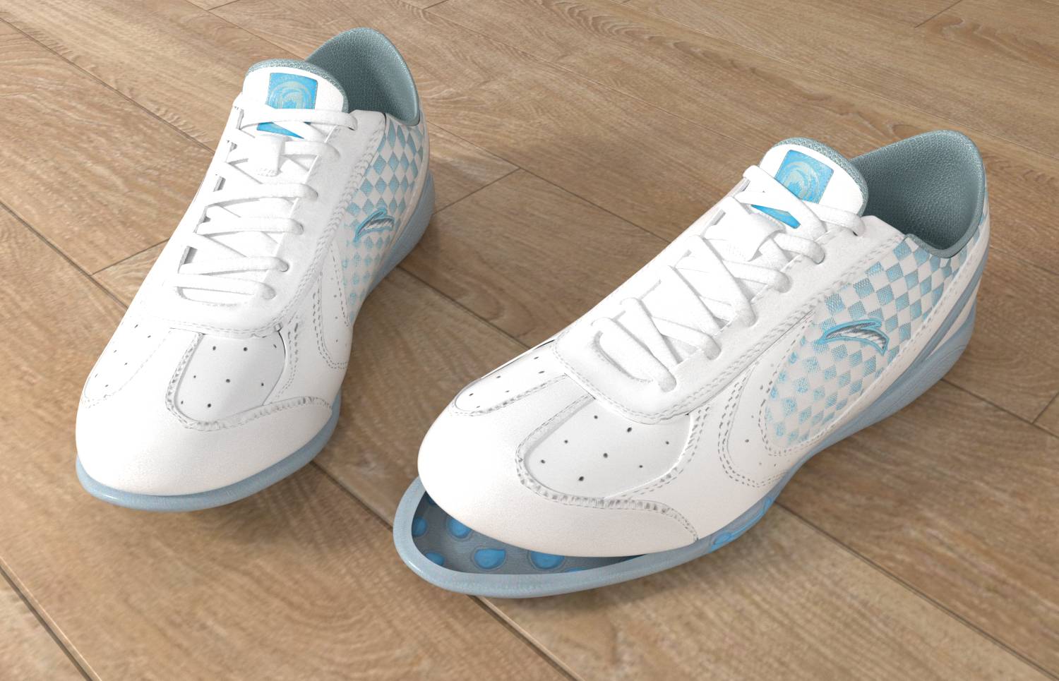 Paar weiße Sportschuhe mit hellblauen Akzenten auf einem Holzboden gezeigt, ein Schuh nach vorne gekippt, wobei eine transparente Sohle mit blauer Dämpfung sichtbar wird.