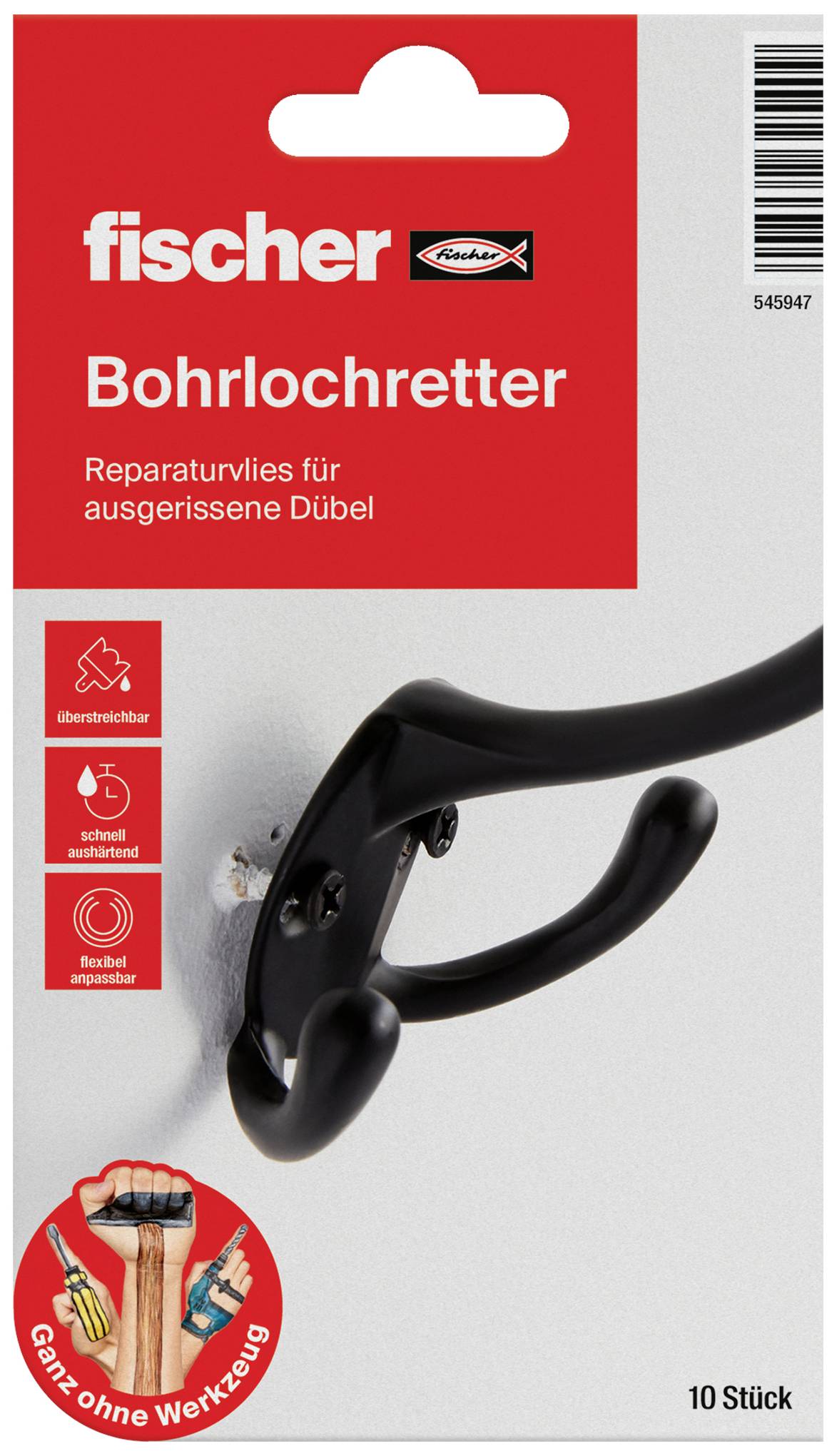 'Bohrlochretter' Reparaturvlies für ausgerissene Dübel, 10 Stück, ohne Werkzeug. Enthält Symbole: überstreichbar, schnell aushärtend, recycelbar.