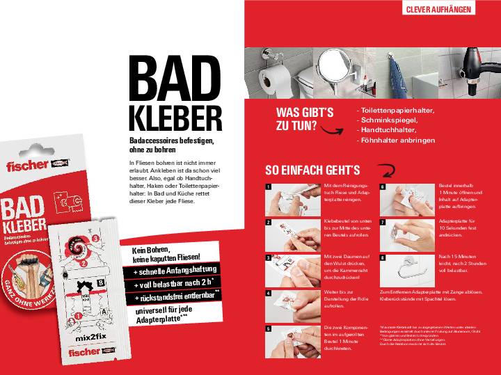 'BAD KLEBER' von Fischer zeigt, wie man ohne Bohren Accessoires wie Toilettenpapierhalter und Seifenspender an Fliesen befestigt. Schritte erklärt.