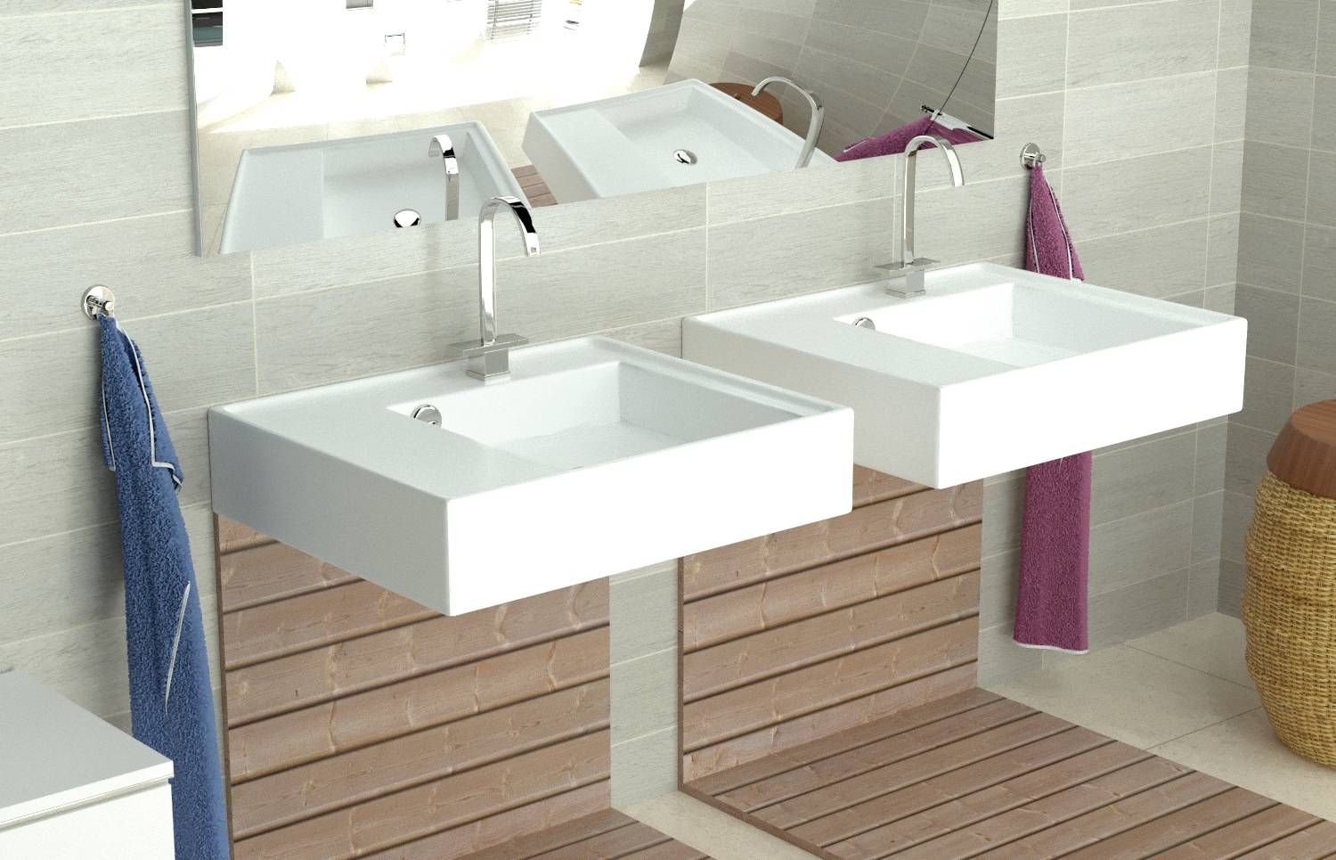 Zwei moderne, rechteckige Waschbecken mit Spiegel, jeweils mit einem blauen und einem roten Handtuch an der Seite.