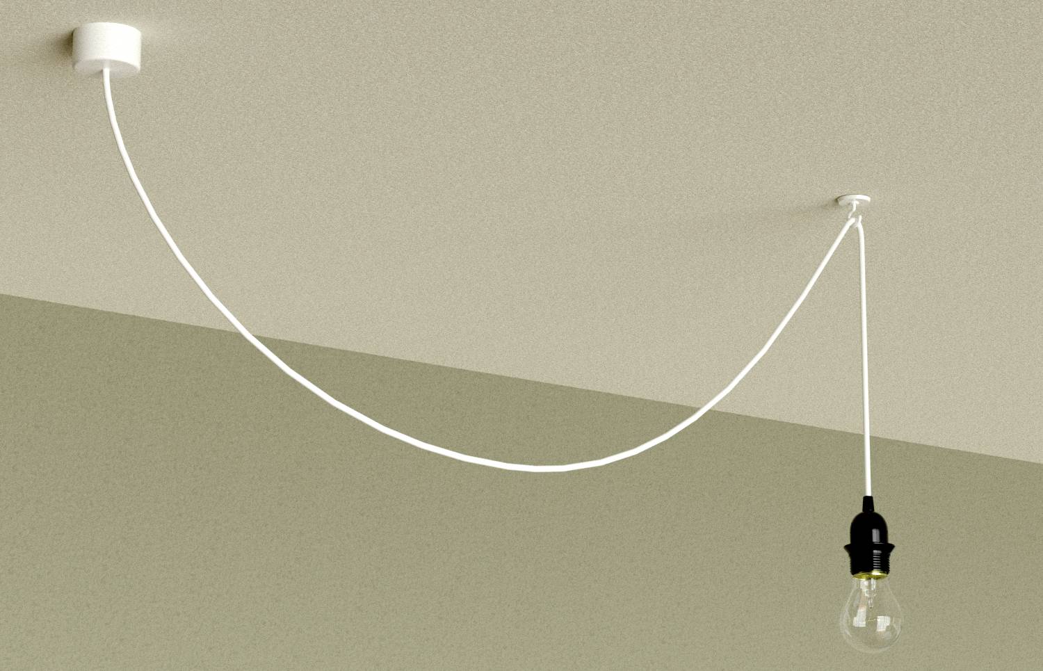 Eine Deckenleuchte an einem langen Kabel, das in einem sanften Bogen hängt, endet mit einer Glühbirne in einer schwarzen Fassung.
