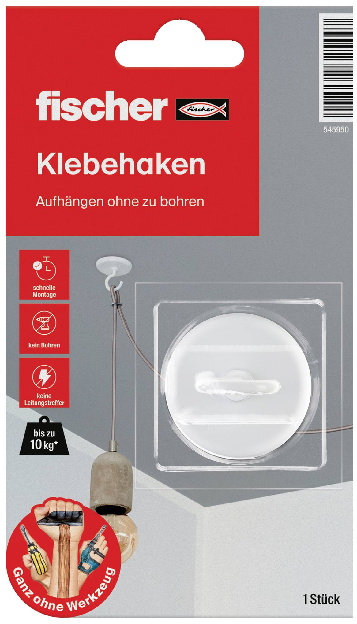 Verpackung von Fischer Klebehaken zeigt ein Produkt zur wandbeschädigungsfreien Anbringung von Objekten bis 10 kg, werkzeuglos.