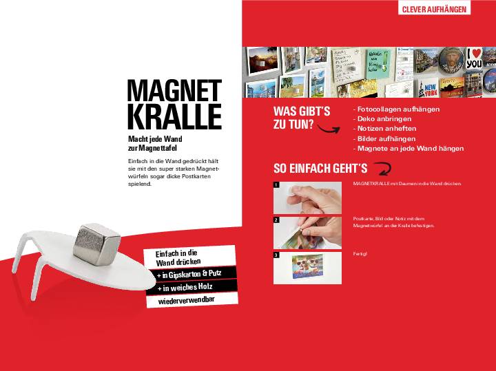 'Magnetkralle' Produkt zur Befestigung von Fotos an Wänden. Anleitung: Fotos mit Magnet befestigen. Für harte und weiche Oberflächen.
