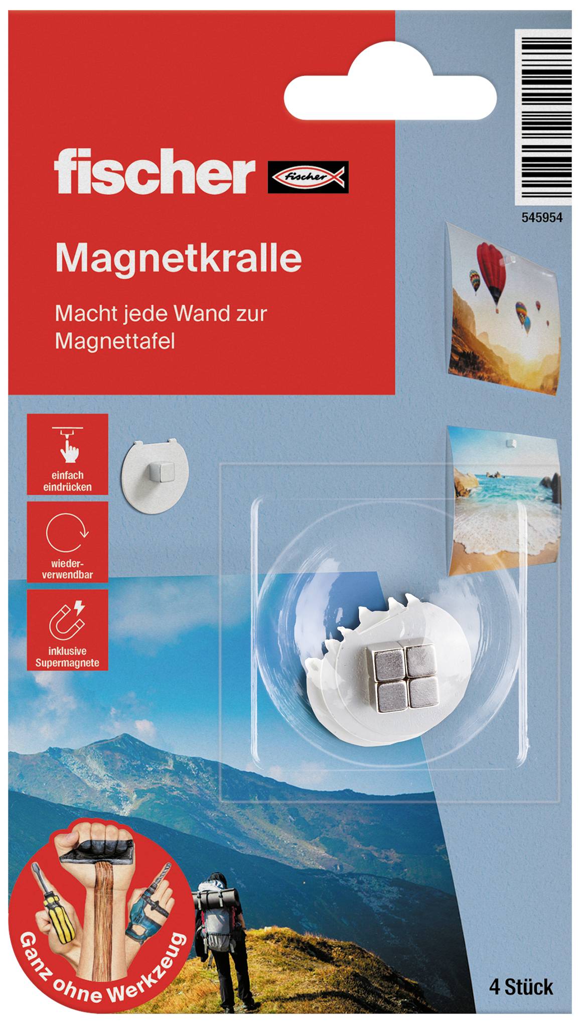 Verpackung von fischer Magnetkralle, zeigt vier Magnete und Bilder, 'Macht jede Wand zur Magnettafel', ideal für Wanddekoration.