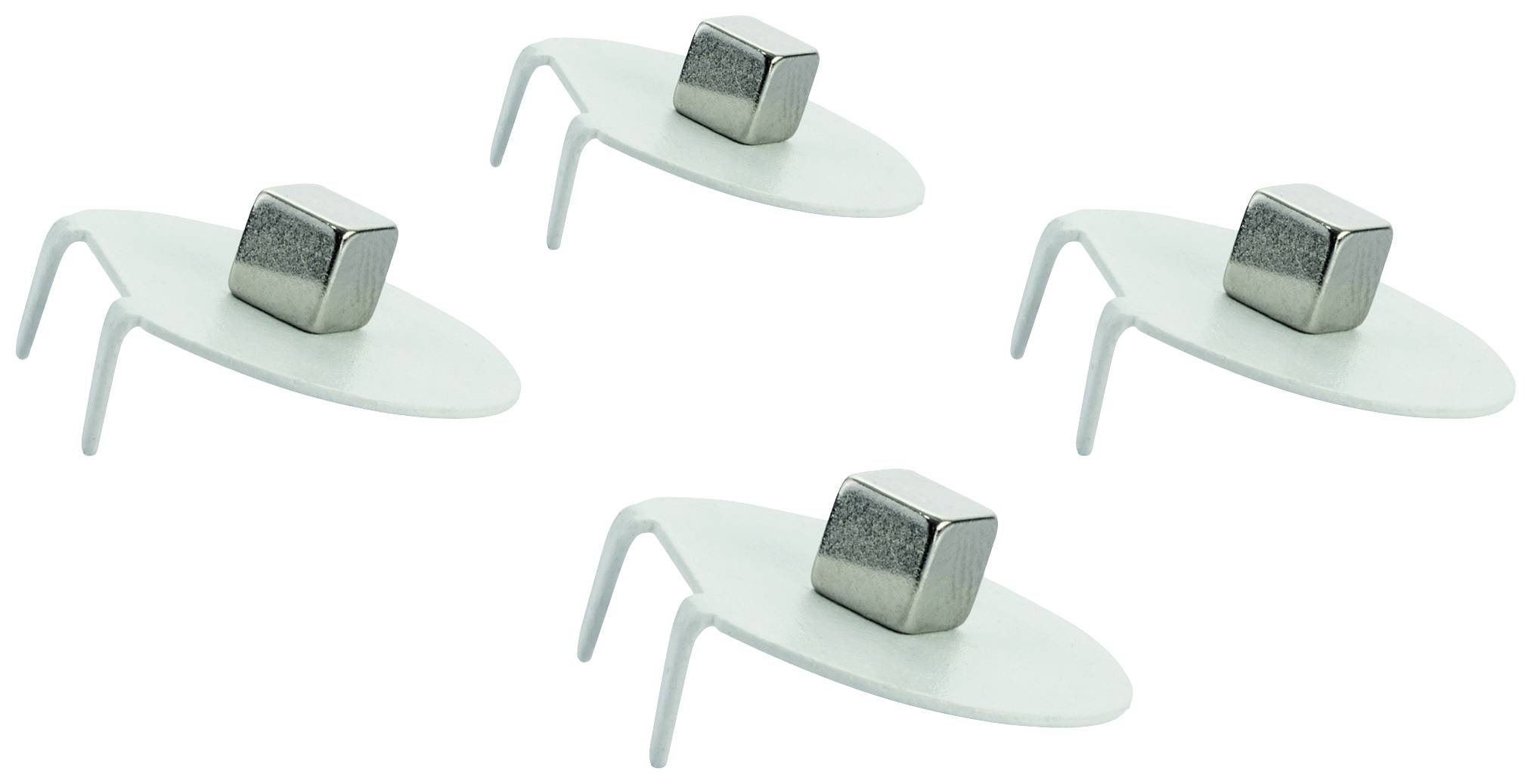 Vier metallische, rechteckige Magnetclips mit gebogenen Stützen zum Aufstellen, auf weißem Hintergrund.