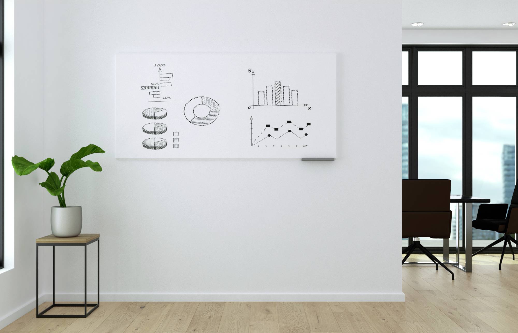 Ein modernes Büro mit Holzboden. Links steht eine Pflanze auf einem Tisch. An der Wand hängt ein Whiteboard mit Diagrammen und Grafiken.