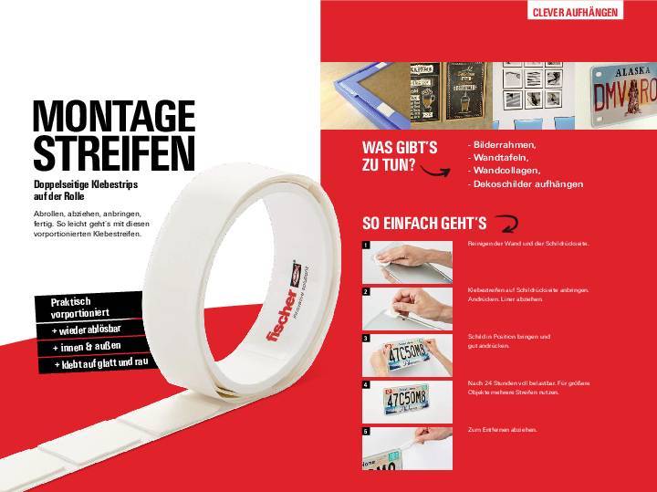 Doppelseitiges Klebeband, ideal zum Dekorieren ohne Bohren. Anwendung: abrollen, abreißen, ankleben. Praktisch, wider ablösbar.