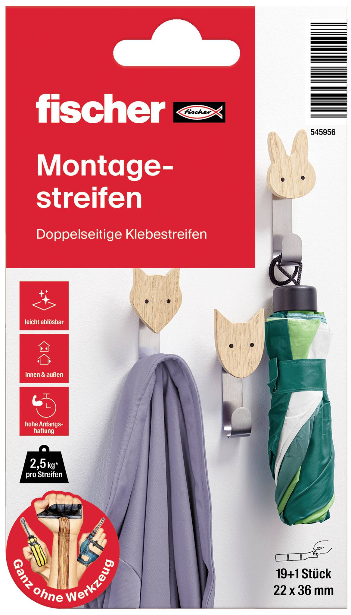Verpackung von Fischer Montage-Streifen: doppelseitige Klebestreifen zum Befestigen von Objekten. Enthält 19+1 Stück, hält bis 2,5 kg.