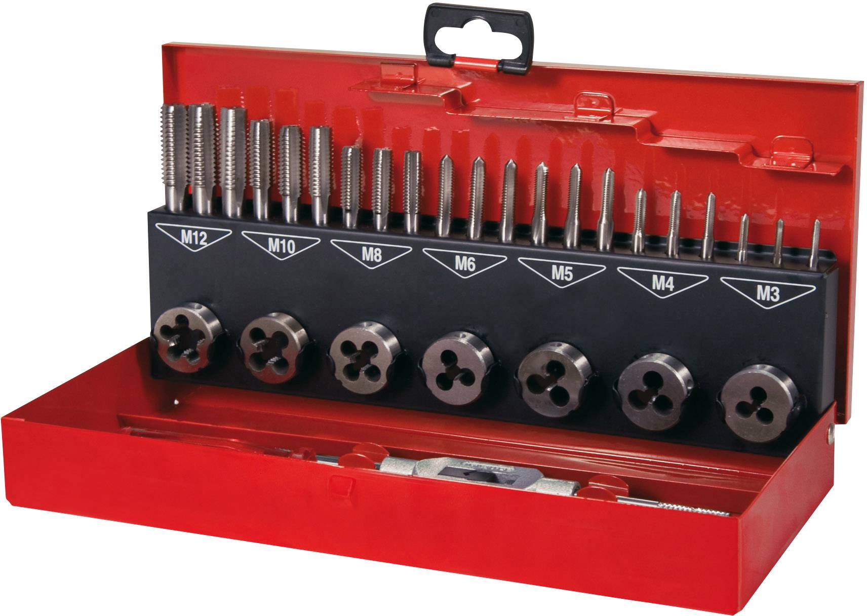 Rotes Metallgehäuse mit einem Gewindeschneidsatz. Enthält Gewindebohrer und Schneideisen in verschiedenen Größen von M3 bis M12.