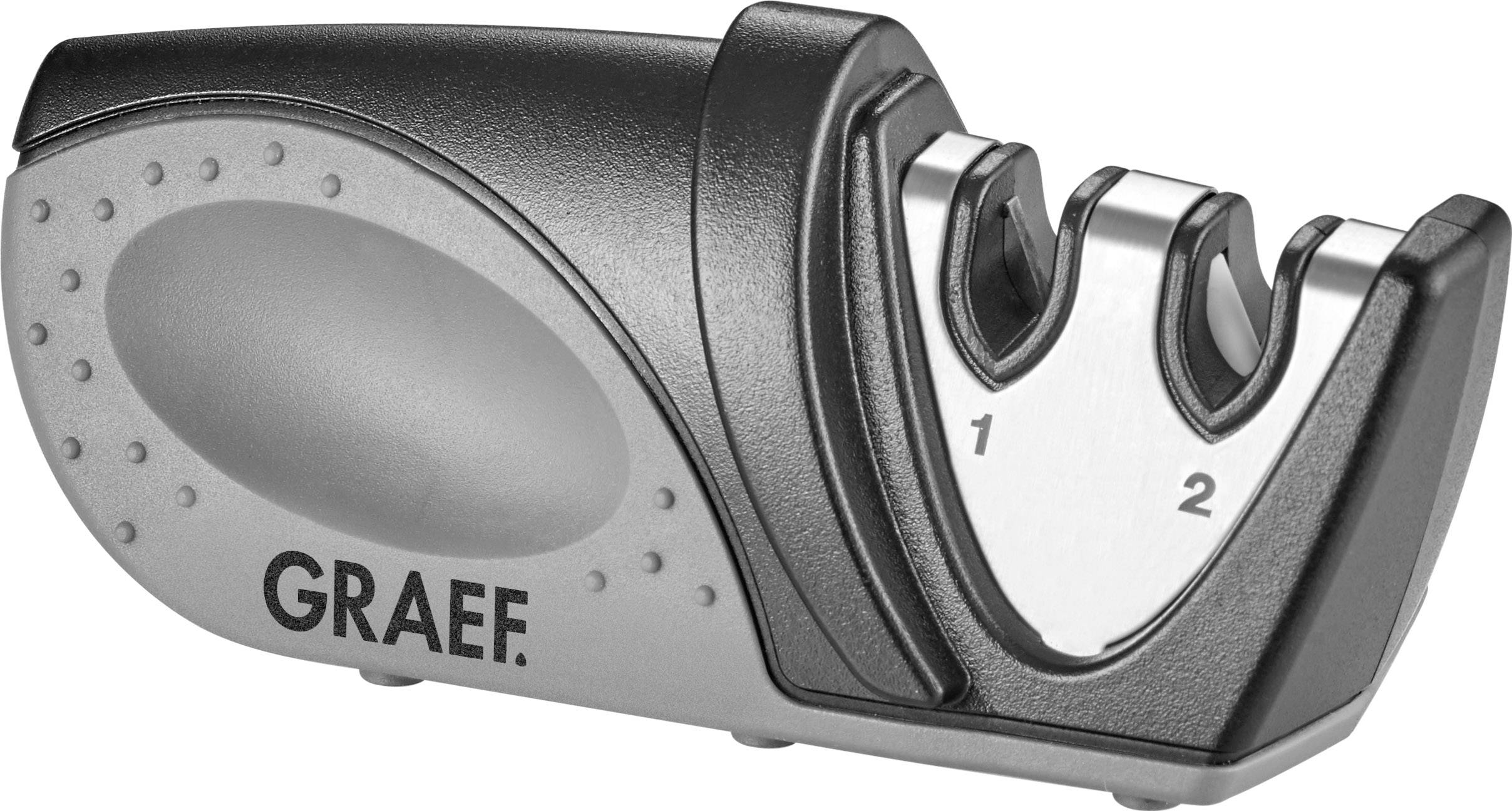 Elektrischer Messerschärfer von Graef in Grau und Schwarz mit zwei Schärf-Phasen, geeignet für verschiedene Messerarten.