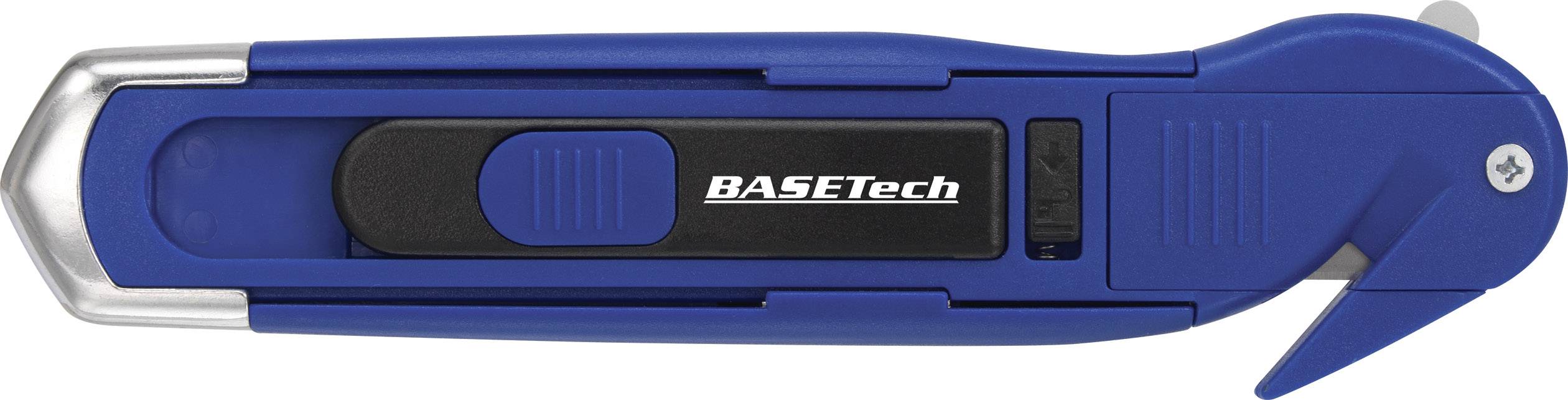 Blauer Sicherheitsschneider mit Klingenschutz und ergonomischem Griff, markiert mit 'BASETech'. Geeignet zum Schneiden von Verpackungsmaterial.