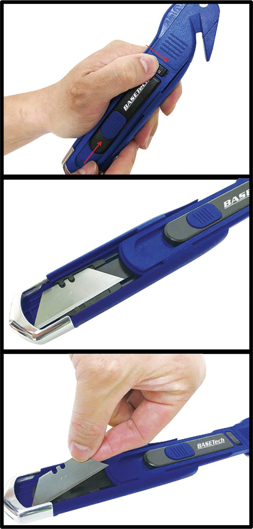 Drei Bilder eines blauen Sicherheitsmessers. Erstes Bild zeigt Messer in Hand, Pfeile zur Bedienung erklären. Zweites Bild zeigt Klinge in Nahaufnahme. Drittes Bild zeigt Hand beim Einziehen der Klinge.