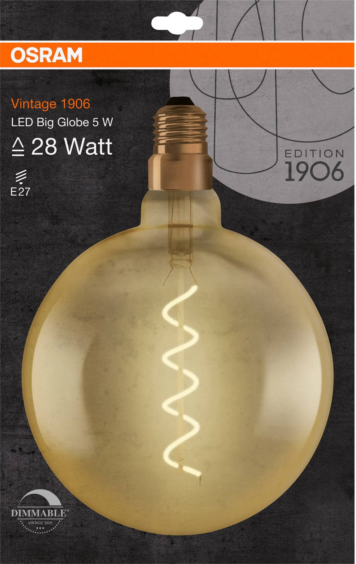 'OSRAM Vintage 1906' LED-Glühbirne, E27-Sockel, 5 Watt, 28 Watt Äquivalent, dimmbar. Große, runde Form mit spiralförmigem Glühfaden.