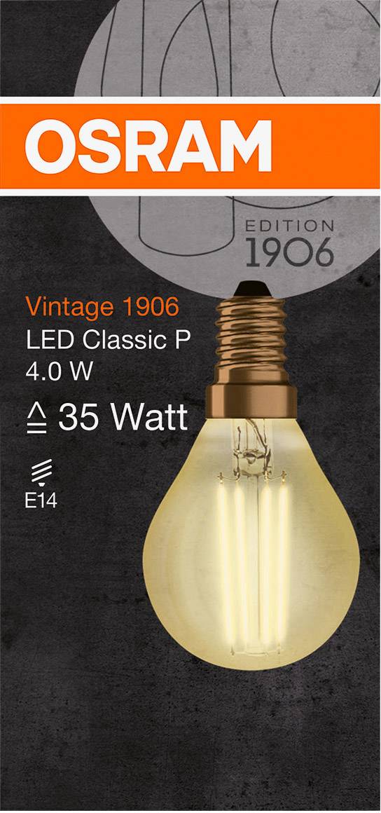 OSRAM Vintage 1906 LED Classic P 4.0 W, entspricht 35 Watt, E14 Fassung. Edition 1906. Abbildung einer Glühbirne.