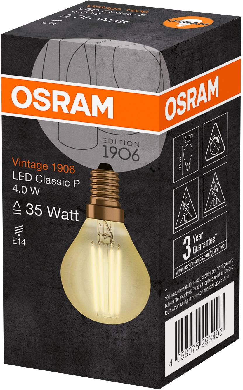 Eine Glühbirnenverpackung der Marke OSRAM, Edition 1906, LED Classic P, 4.0 W, E14, entspricht 35 Watt. Mit 3 Jahren Garantie.