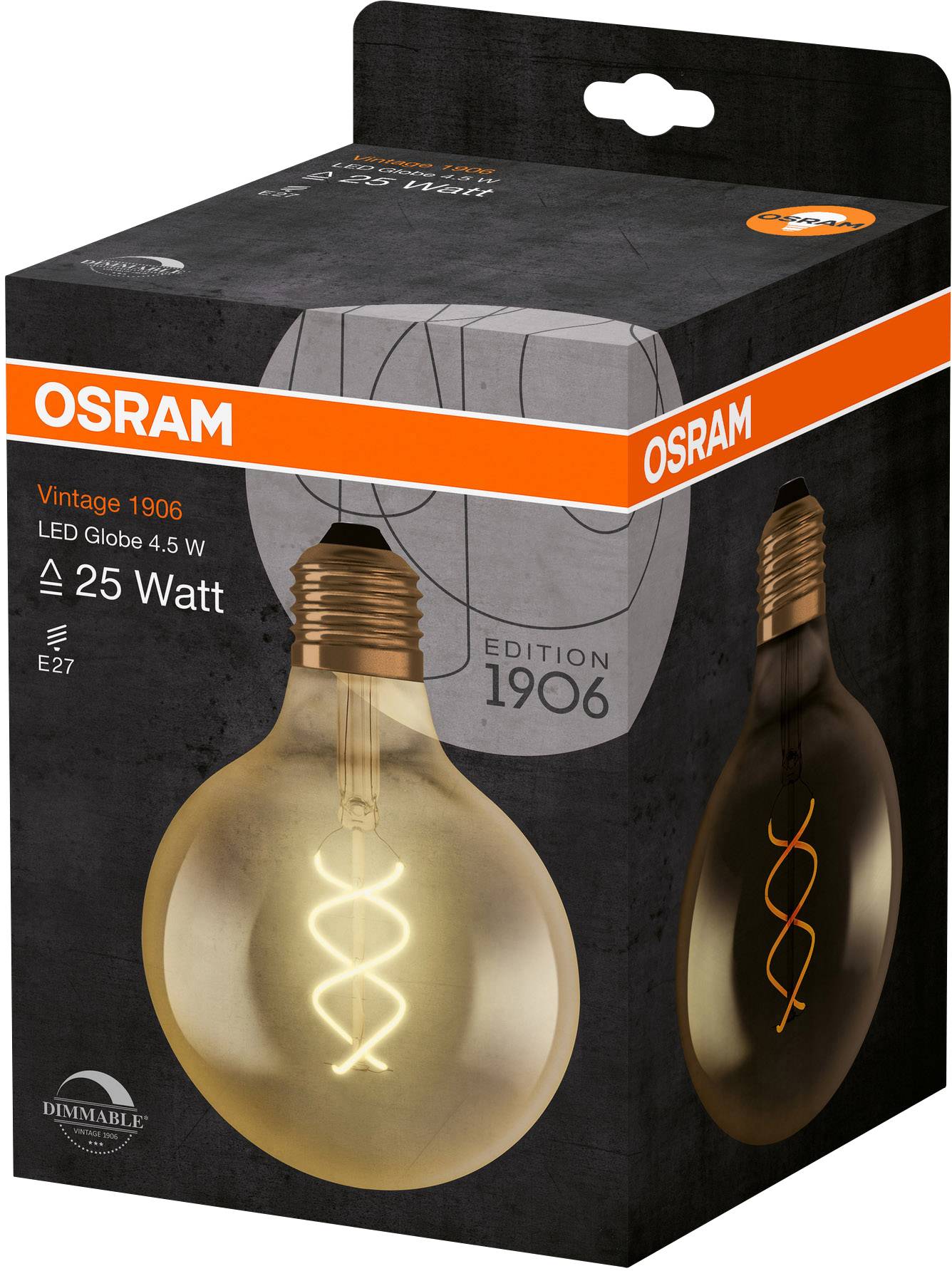 Osram LED-Glühlampenverpackung, Vintage 1906 Edition, 4,5 W, E27 Fassung. Bild zeigt eine dekorative Filament-Glühbirne.