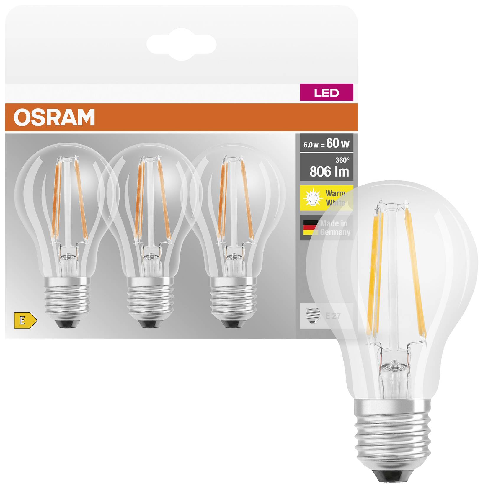 Eine Packung mit drei OSRAM LED-Glühbirnen, 6,0W entspricht 60W, 806 Lumen, warmweißes Licht, hergestellt in Deutschland.